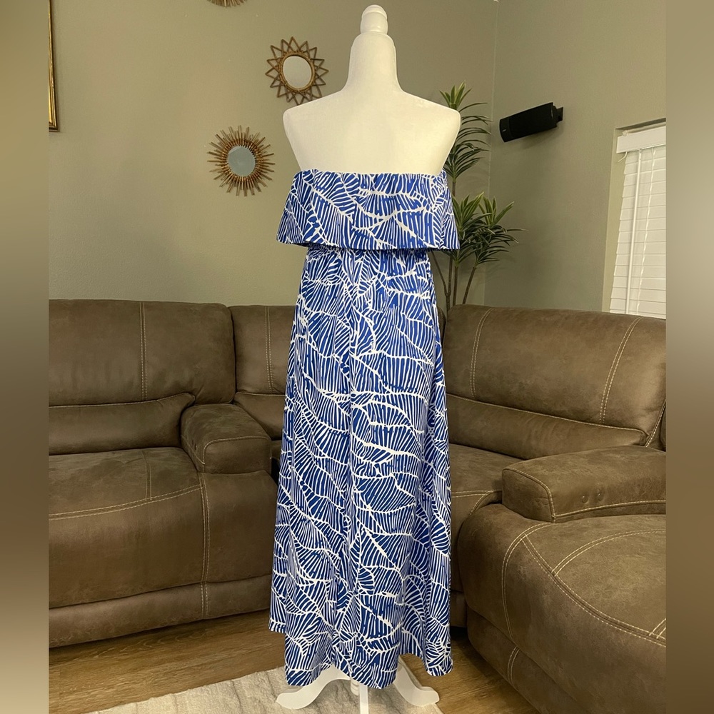 Blue & White Print Strapless Flowy Maxi Dress Sz L Large - Picture 10 of 12